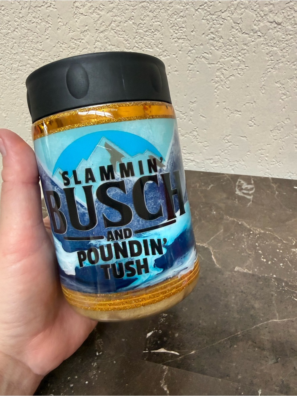 Slammin Busch Poundin Tush Standard 12 oz Can Cooler Hand Painted